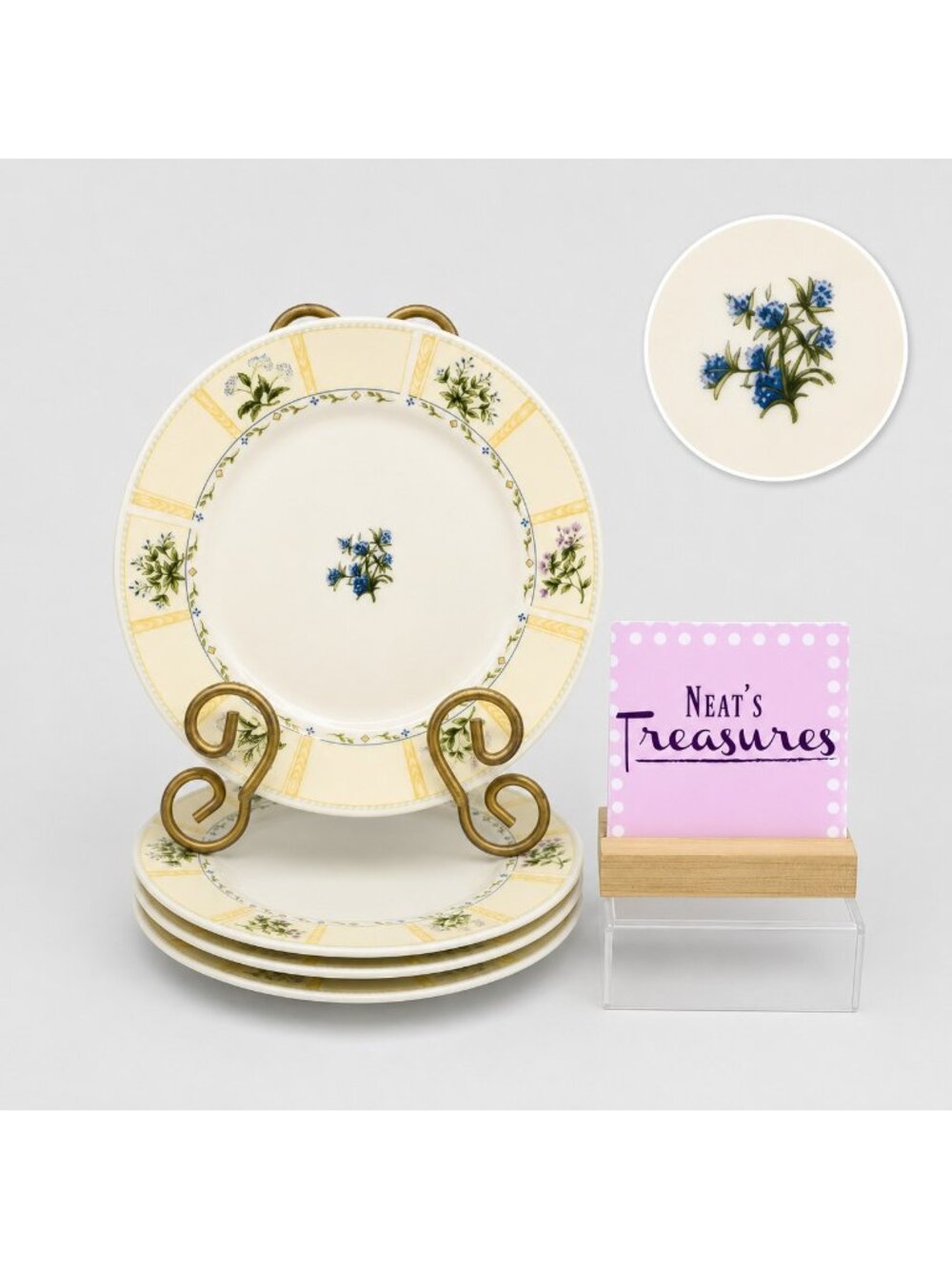 Lynn's China CLARYSSA Livingston Yellow Border Various Floral Salad Plate Set 4